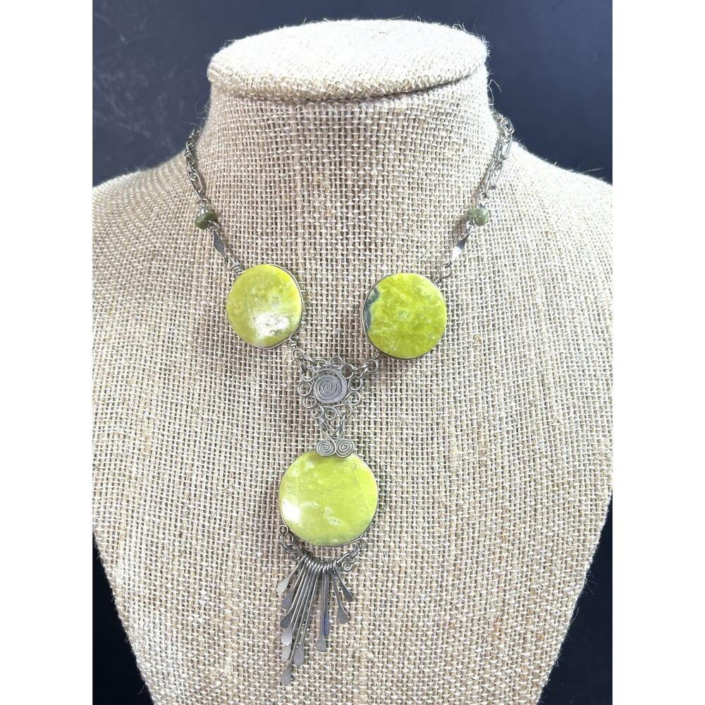 Serpentine Semiprecious Stone & Alpaca Silver Handmade Necklace From Peru NEW